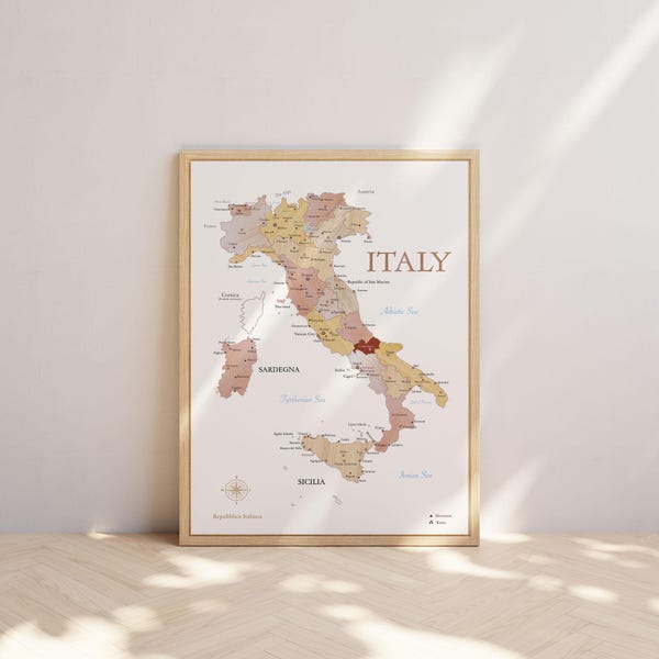Framed Push Pin Itaria Map – Travel Map with Pins wood grain Canvas Wall Art Kids Rooms