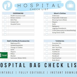 New Baby Hospital Bag Checklist Blue - Excel Template | Fully Editable | Printable New Baby Packing List | Instant Digital Download