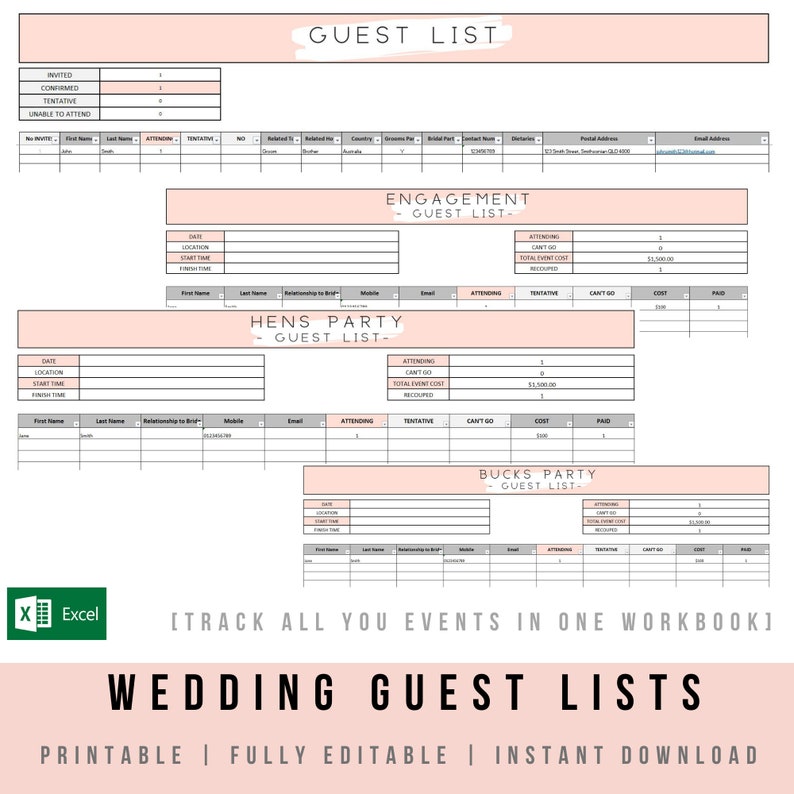 Wedding Budget / Planner / Event Run Sheet Excel Template Etsy