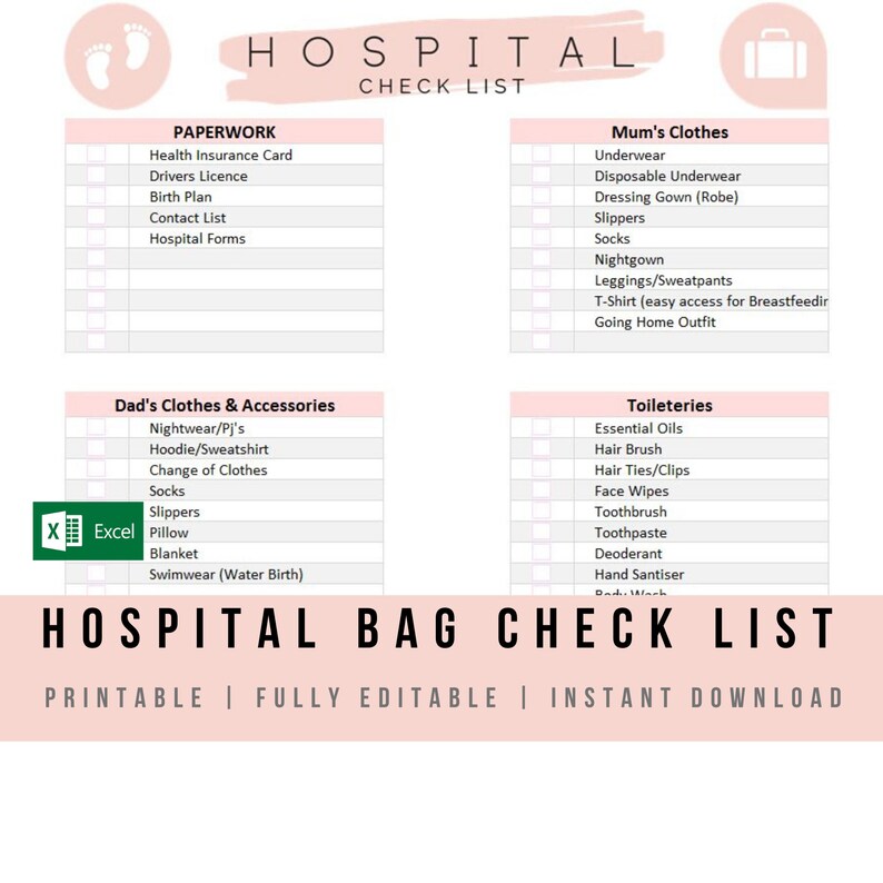 new baby hospital bag checklist pink excel template fully etsy