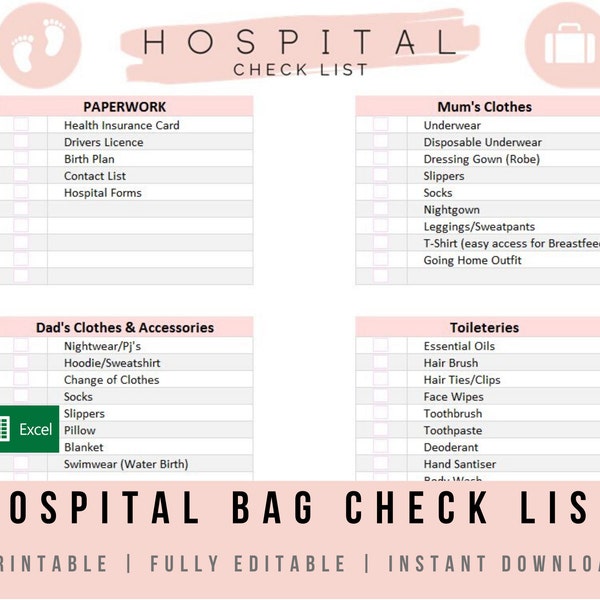 Nieuwe Baby Ziekenhuis Tas Checklist Pink - Excel Template | Volledig bewerkbaar | Afdrukbare nieuwe babyverpakkinglijst | Direct digitaal downloaden