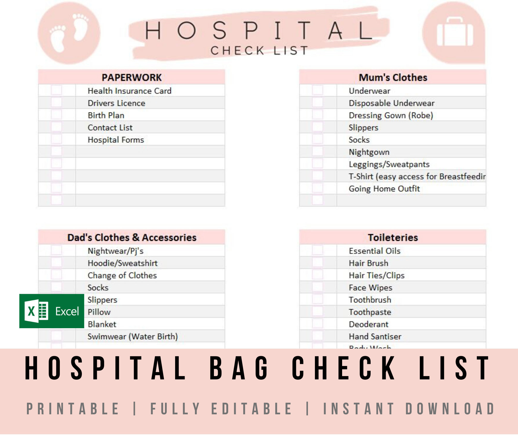 New Baby Hospital Bag Checklist Pink Excel Template Fully 