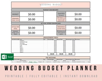May include: A printable wedding budget planner spreadsheet with a pink and gray color scheme. The spreadsheet includes sections for budgeting, actual spending, engagement party, and pre-wedding. The text "WEDDING BUDGET PLANNER" is at the bottom of the page.
