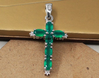 Natural Emerald Cross Pendant in 18K Gold-Plated Sterling Silver