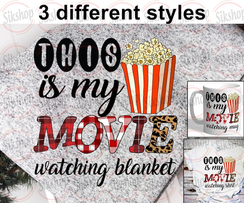 May include: This is my movie watching blanket, mug, and shirt design. The design features a red and white plaid pattern, a black and white leopard print, and a red and white striped popcorn bucket.
