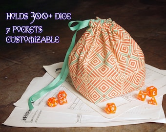 Large Drawstring Dicebag with 7+1 pockets for tabletop RPG, D&D, collectibles organiser for dice, tokens, miniatures, coins, crystals