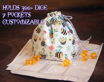 Large Drawstring Dicebag with 7+1 pockets for tabletop RPG, D&D, collectibles organiser for dice, tokens, miniatures, coins, crystals