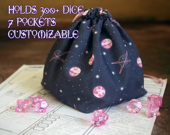 Large Drawstring Dicebag with 7+1 pockets for tabletop RPG, D&D, collectibles organiser for dice, tokens, miniatures, coins, crystals
