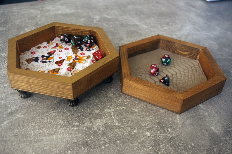 Customizable Wooden Hexagonal Dice Rolling Tray for TTRPG Dungeons and Dragons Multiple Variations