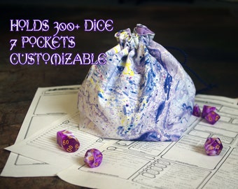 Large Drawstring Dicebag with 7+1 pockets for tabletop RPG, D&D, collectibles organiser for dice, tokens, miniatures, coins, crystals