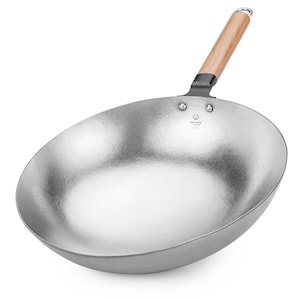 May include: A silver wok with a wooden handle. The wok has a rounded bottom and a long handle for easy cooking. The handle is made of light-colored wood. The wok is designed for stir-frying and other high-heat cooking methods.