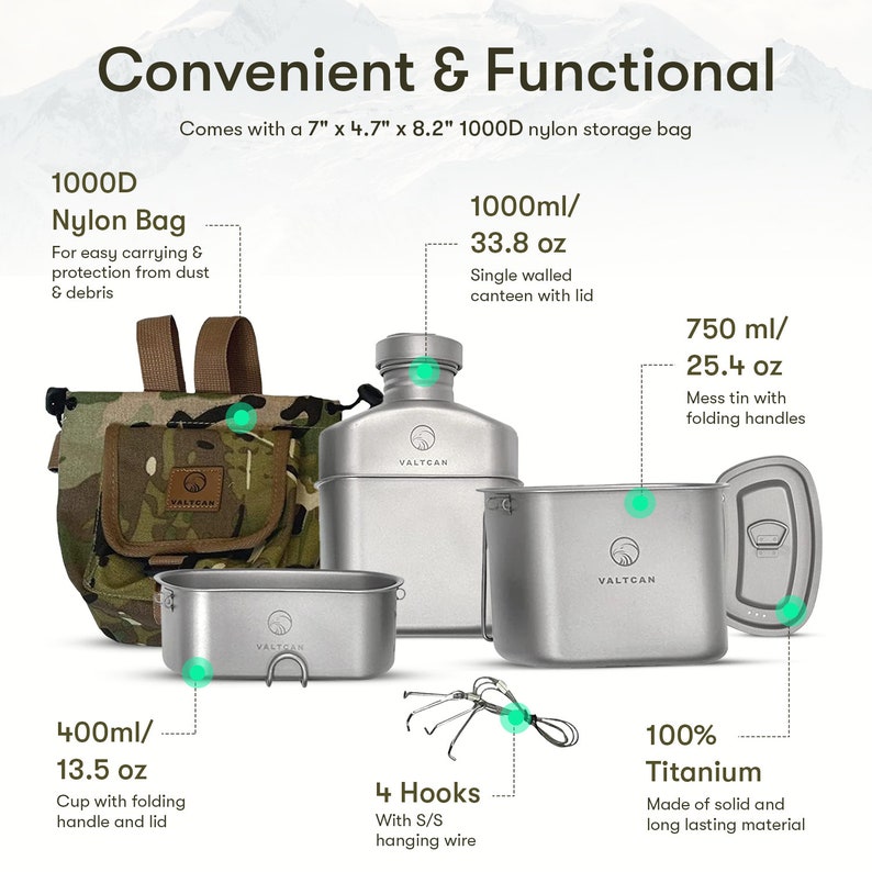 Valtcan Titanium Canteen Mess Kit Military Design 1100ml 37oz Capacity