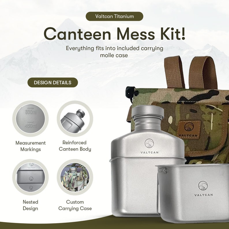 Valtcan Titanium Canteen Mess Kit Military Design 1100ml 37oz Capacity