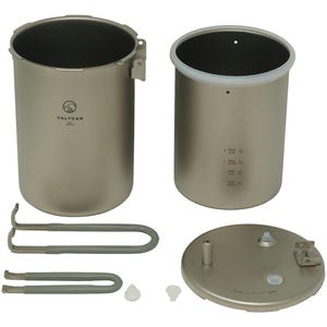 May include: A disassembled camping cooking pot set. The set includes two cylindrical pots, a lid, two pot lifters, and two small white pieces. The pots are silver with black interiors. One pot has a white rim and measurement markings.