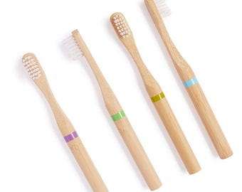 Cepillos de dientes de bambú para niños 100% Materiales vegetales / Cerdas de aceite de ricino / Suave / Mango de madera / Natural / Sostenible / Cero residuos / Vegano