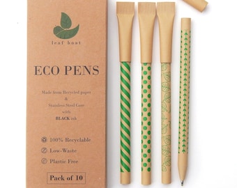 Eco Friendly Pen Set / Pack of 10 or 24 / Kraft Paper and Stainless Steel Core / Ballpoint Black / Plastic Free Low Waste 100%  Recyclable