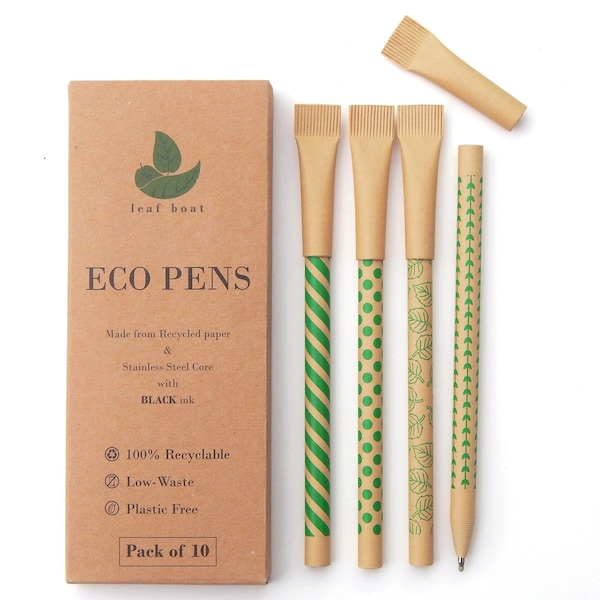 Eco Friendly Pen Set / Pack of 10 or 24 / Kraft Paper and Stainless Steel Core / Ballpoint Black / Plastic Free Low Waste 100%  Recyclable