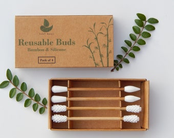 Reusable Buds / Pack of 4 / Bamboo and Silicone / Cardboard Packaging / Washable / High Quality / Plastic Free / Eco-friendly / Zero Waste
