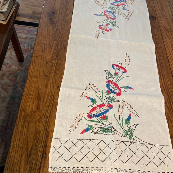 Vintage hand, printed scarf, hand embroidery.