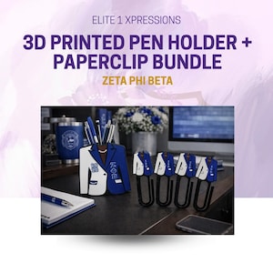 May include: A 3D printed pen holder and paperclip bundle. The pen holder is shaped like a blue and white blazer with the text "ZETA PHI BETA" and "19 20". The paperclips are also blazer-shaped.
