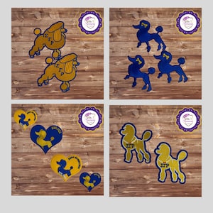 May include: Four different designs of iron-on patches featuring a poodle with the letters "ΣΤΡ" and "ΣΓΡ" in blue and gold. The patches are on a wood background.