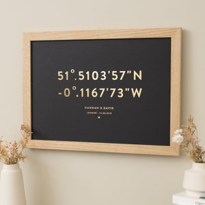 Custom Gold Foil Coordinates Print, Personalised Anniversary Print with Frame, Custom Location Print For Wedding, New Home or First Date