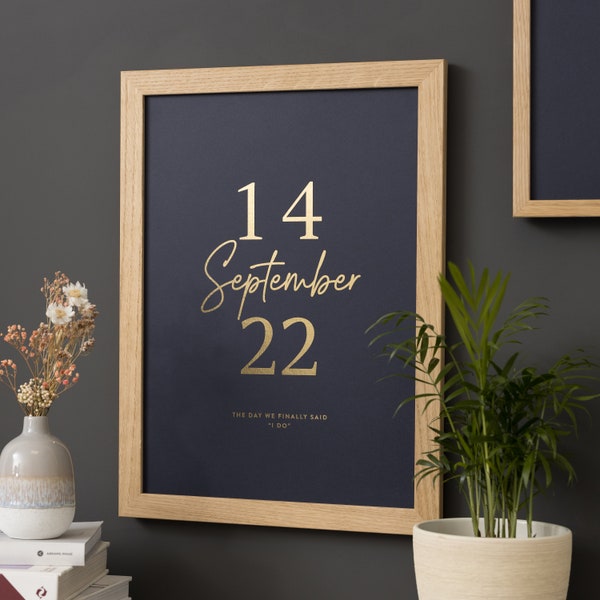 Custom Special Date Print, Personalised Anniversary Gift For Couples, Framed Wedding Date Memory Print, Gold Foil Wall Art For Engagement