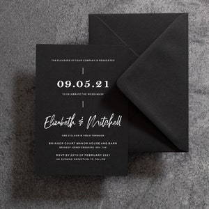 Modern Wedding Invitation In White With Black Card, Simple Wedding Invite, Black Card Wedding Invite, White Ink, Black Invitation, Wedding