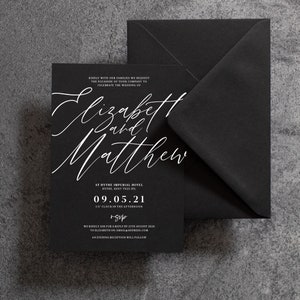 Elegant Wedding Invitation On Black Card With White Print, Foil, Black Wedding Invitation, Script Wedding Invite, Calligraphy Wedding, Black