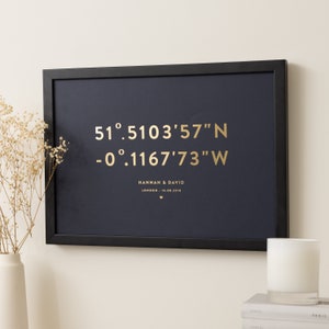 Custom Latitude Coordinates Print For Couples, Wife, Husband, Gold Foil Location Print, Framed Anniversary Wedding Gift, New Home Print