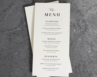 Carte da menu di nozze moderne con foglia elegante, carte da menu per cena con design minimalista, menu da tavolo di nozze moderni, menu ritratto stampato