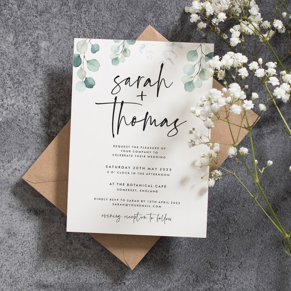 Invitation de mariage moderne avec motif floral vert, invitation de mariage simple et élégante, ensemble d'invitations de calligraphie de mariage #31