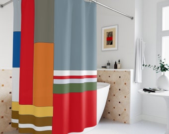 Shower curtain red orange green blue striped bath curtain boho mid century modern bathroom decor Retro abstract geometric shower curtain
