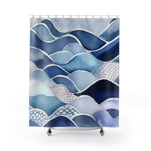 Ocean blue watercolor shower curtain,Sea themed abstract decor, Watercolor ocean waves shower curtain,Navy light blue white bathroom decor