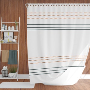 Mudcloth print boho shower curtain, Forest green stripes and burnt orange dots minimalist bohemian shower curtain