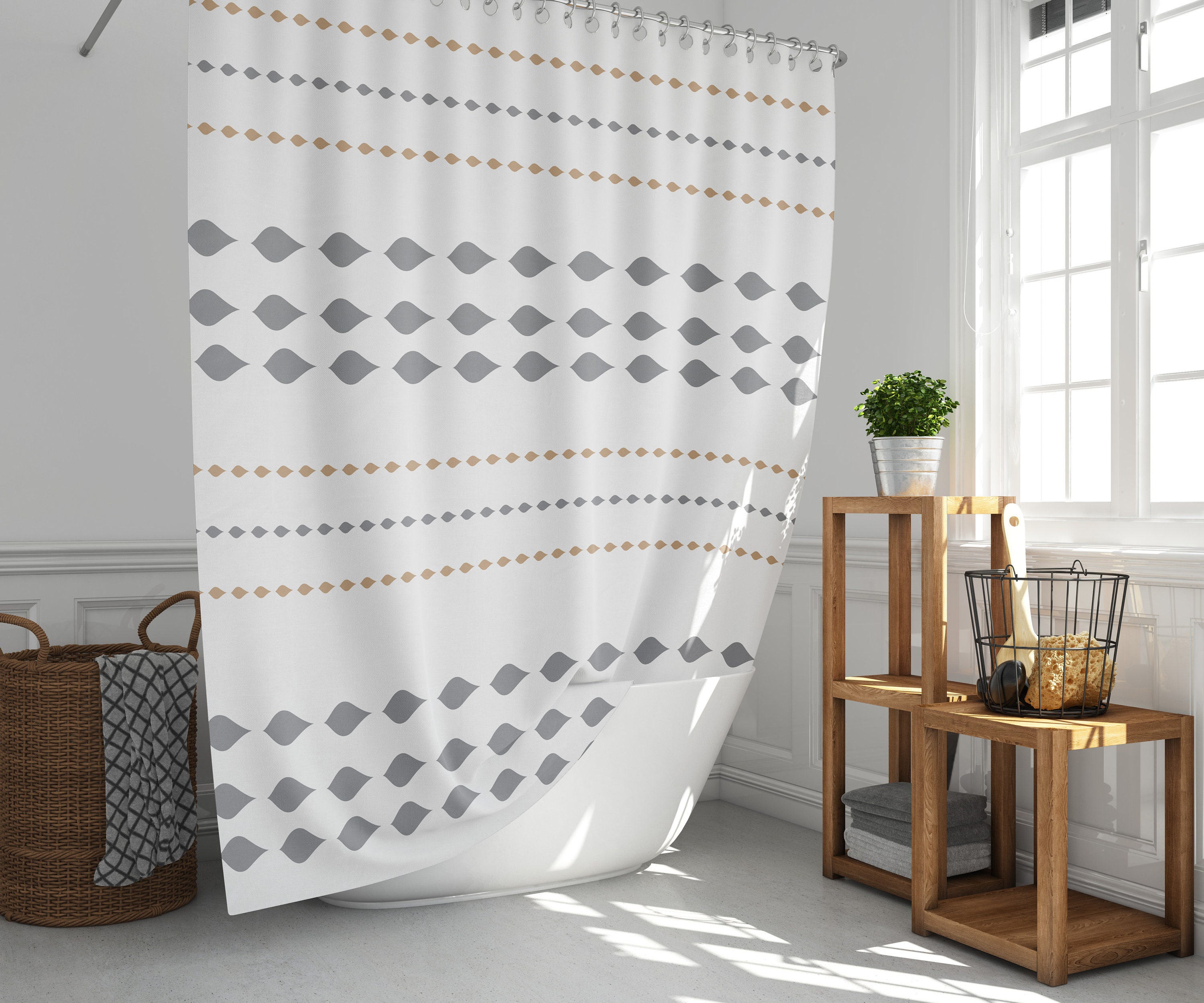 White print boho shower curtain Gray leaves and beige leaves Etsy