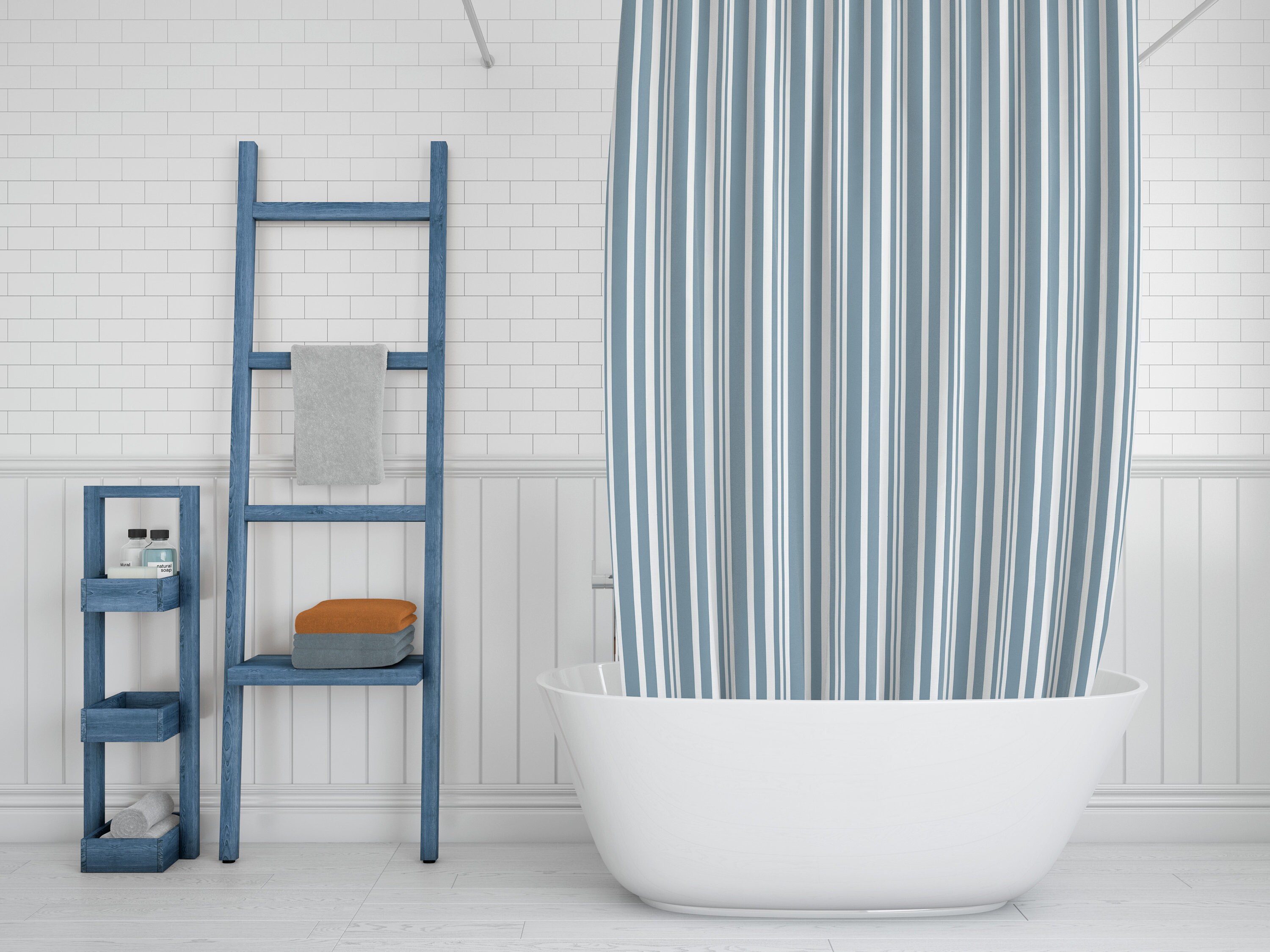 Blue Shower Curtain Striped Bathroom Curtain, Modern Shower Curtain ...