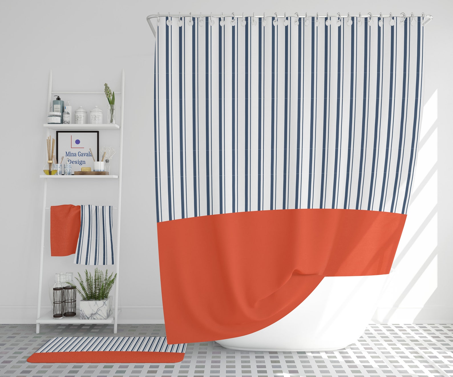 Burnt orange and navy blue lines boho shower curtain Orange Etsy