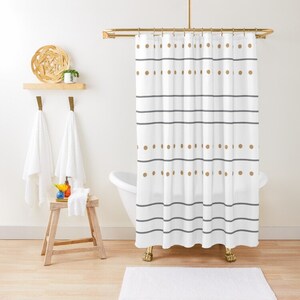 Mudcloth print boho shower curtain, Gray stripes and beige dots minimalist bohemian shower curtain, Special Offer