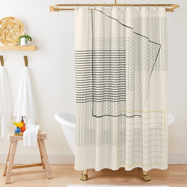 Cream shower curtain, Boho Mid- Century Geometric Patterns Beige shower curtain, Beige bohemian bathroom decor, Bohemian shower curtain