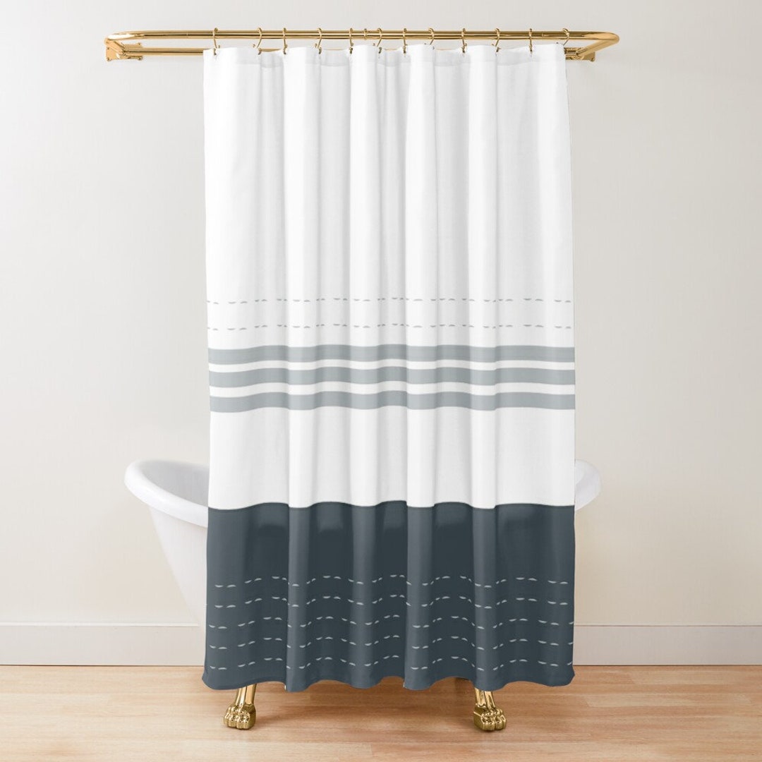 White Blue Grey Striped Shower Curtain, Geometric Shower Curtain