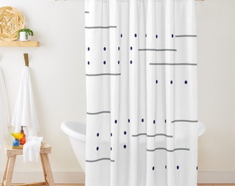 Blue shower curtain, light grey stripes and blue dots minimalist bohemian shower curtain, shower curtain boho, boho bathroom decor