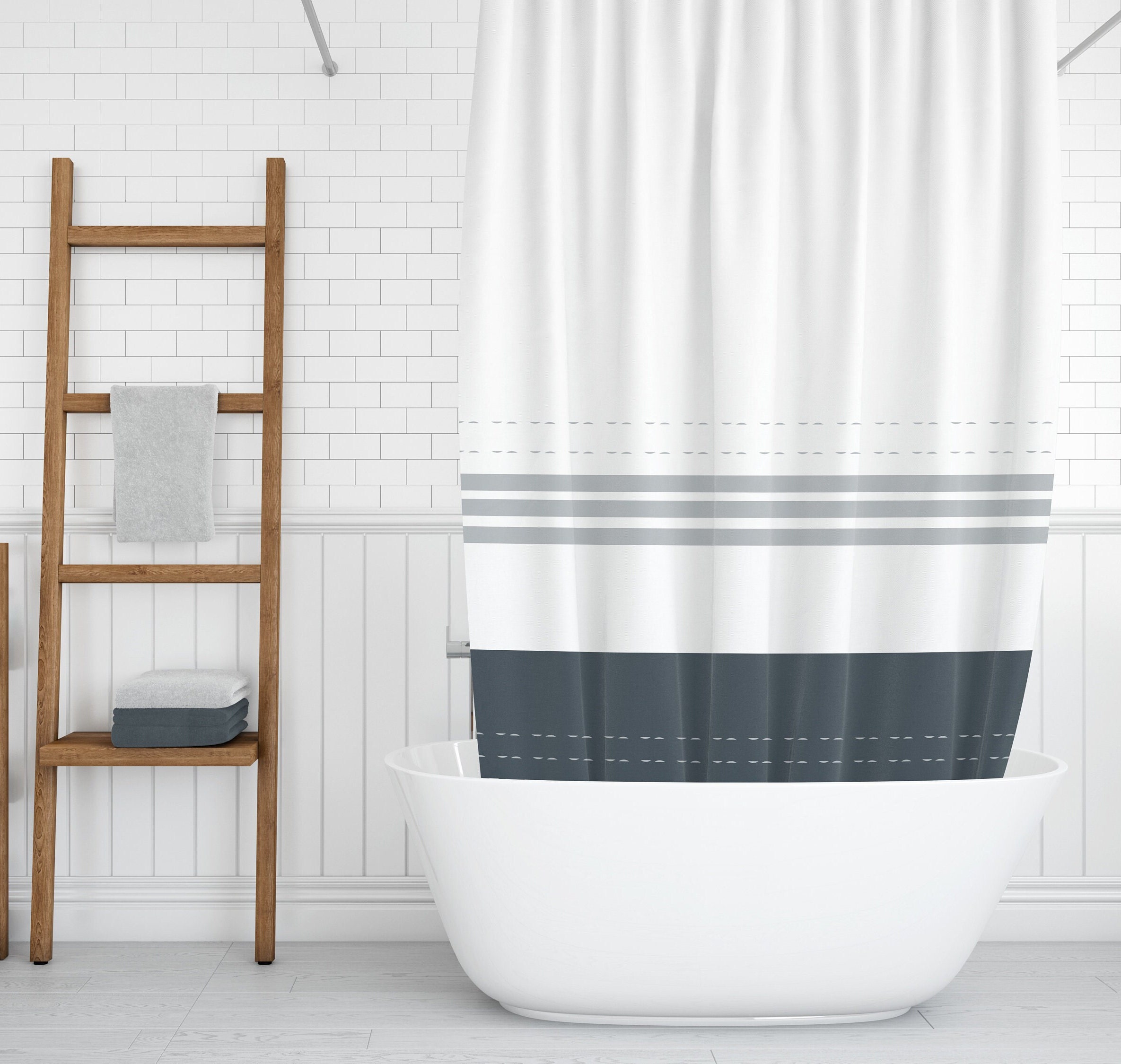 White Blue Grey Striped Shower Curtain, Geometric Shower Curtain