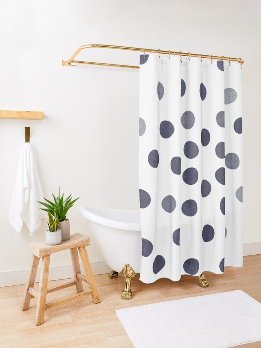 Navy Pebbles Shower Curtain, Watercolor Polka Dots Pattern, Navy Blue