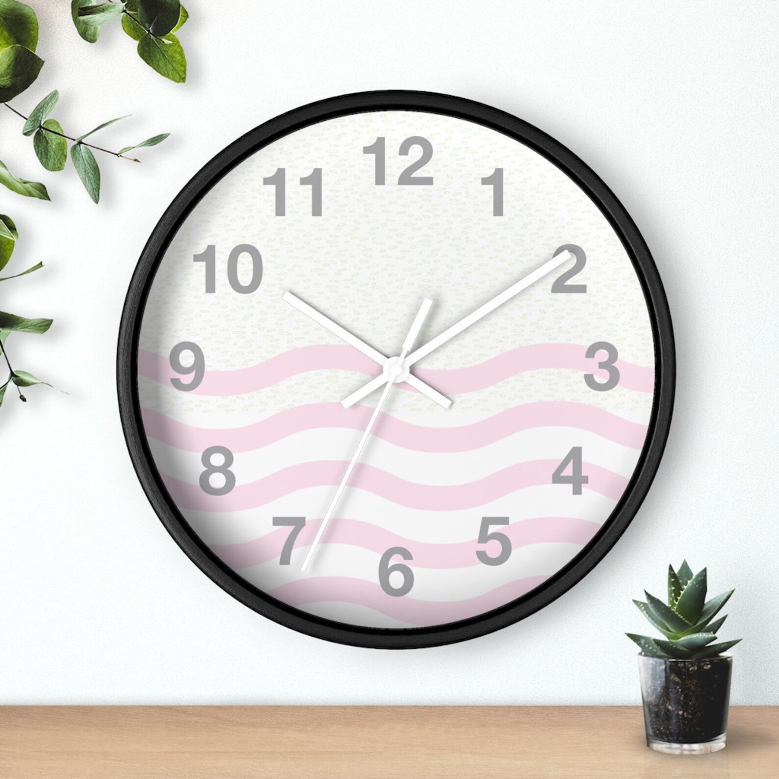 Pink wall clock Pink waves and Soft Green dots Girl's Etsy