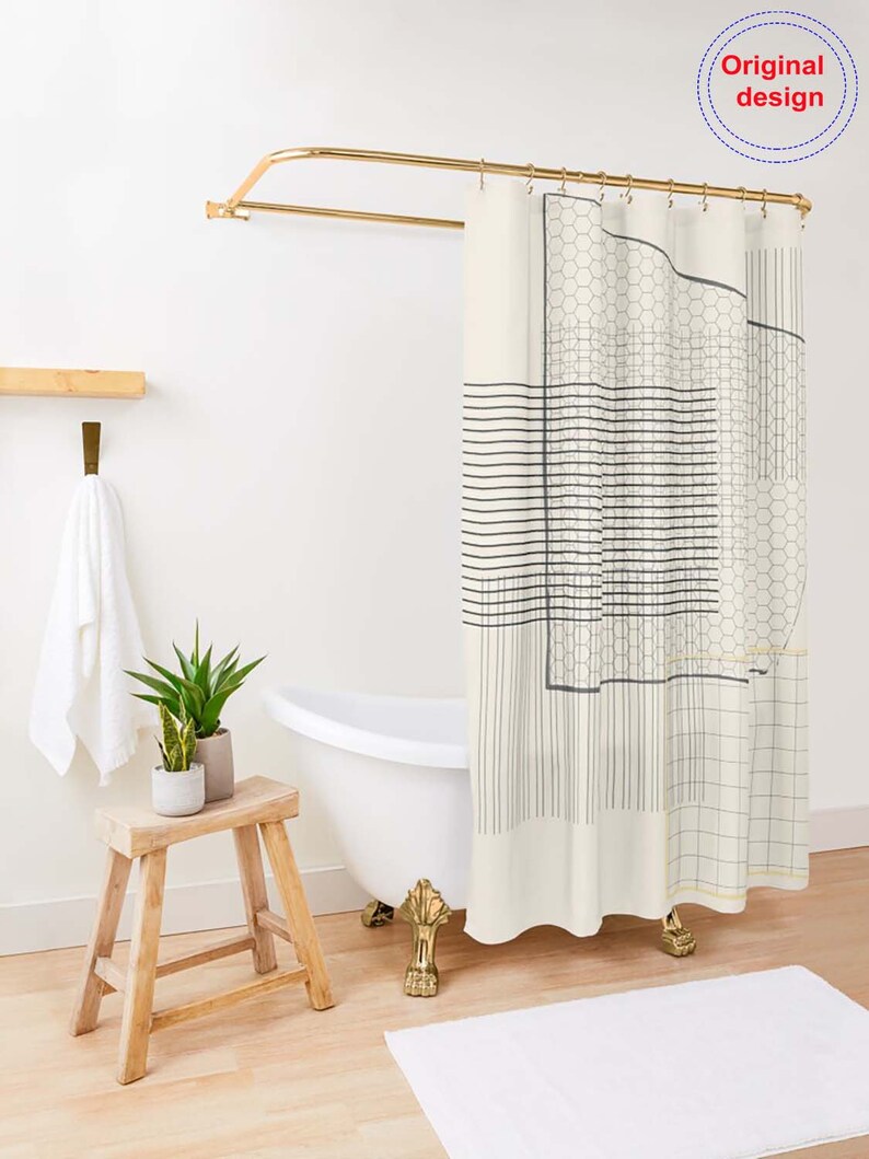 Beige and gray geometric lines boho shower curtain Gray and Etsy