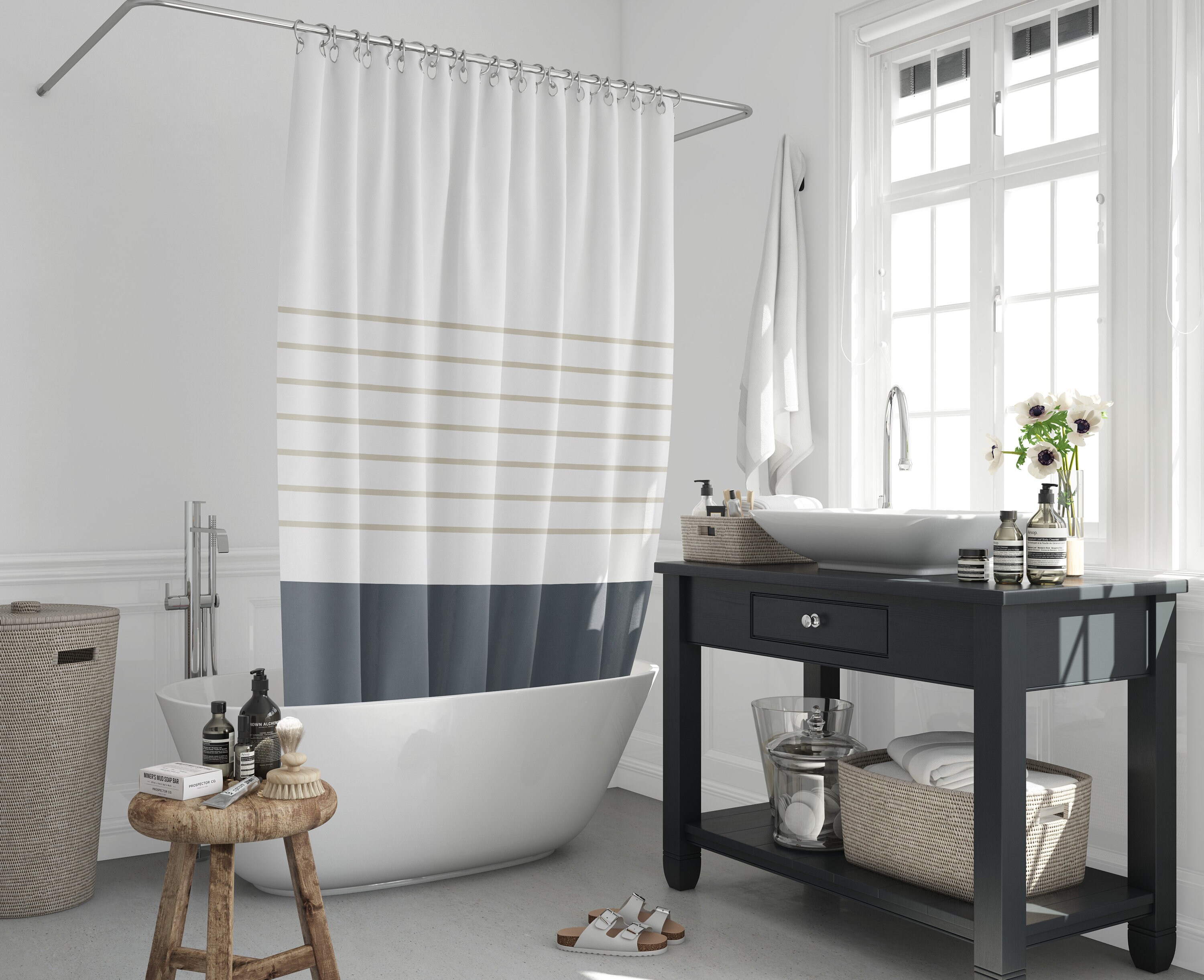 Clay Beige Shower Curtain Beige striped and Hale Navy Blue Etsy