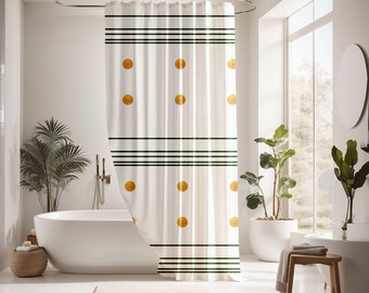 Shower curtain boho, Green stripes, beige polka dots, Emerald ticking stripes,  minimalist, bohemian shower curtain, bathroom art decor