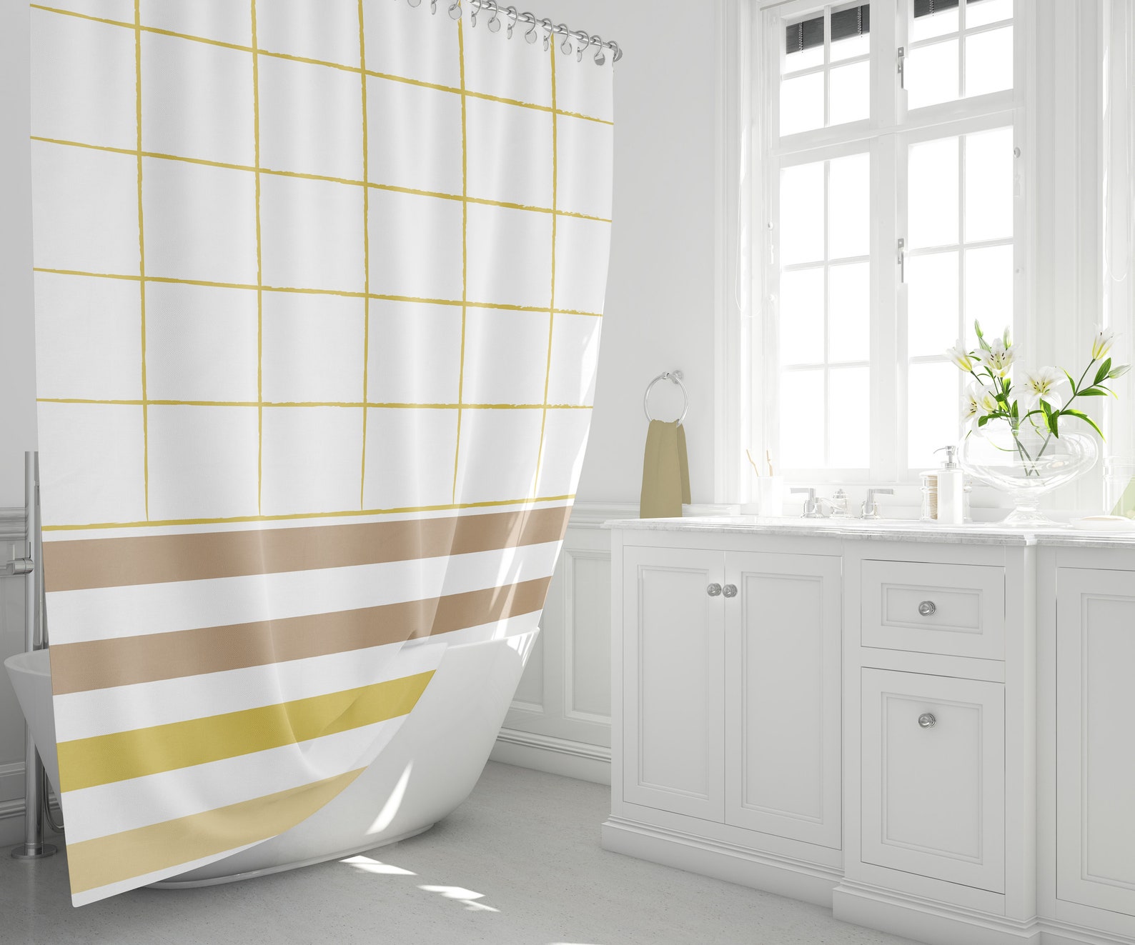 Boho Douchegordijn Geel Mosterd Beige Badkamer Decor Aardse Etsy