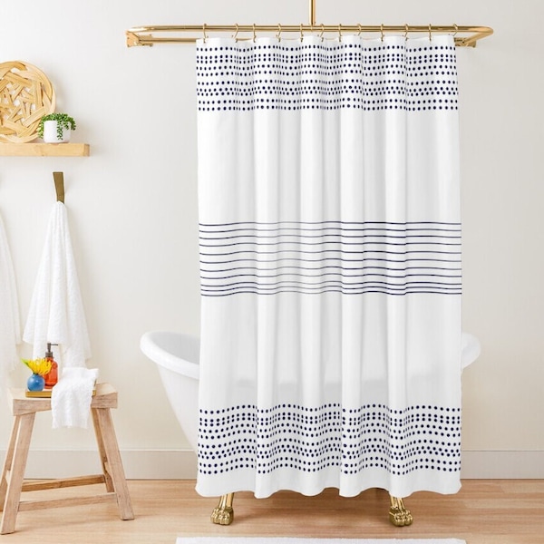 Blue and white shower curtain mid century, modern, minimalist, bohemian shower curtain Modern,blue stripes shower curtain